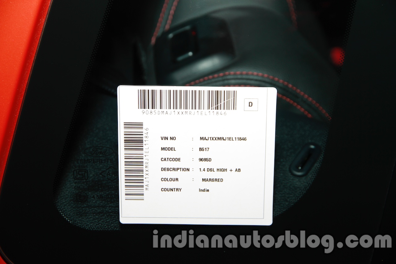 2014 Ford Figo VIN sticker at 2014 Auto Expo