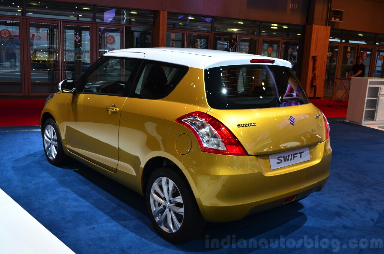 Suzuki Swift Facelift threedoor rear three quarters at the 2014 Paris