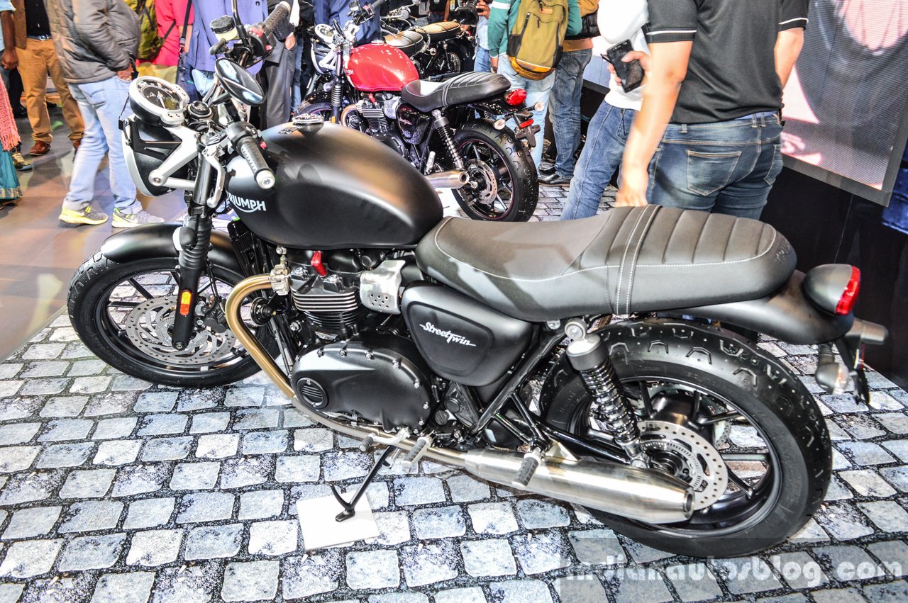 Triumph Bonneville Street Twin Matt Black rear quarter at Auto Expo 2016