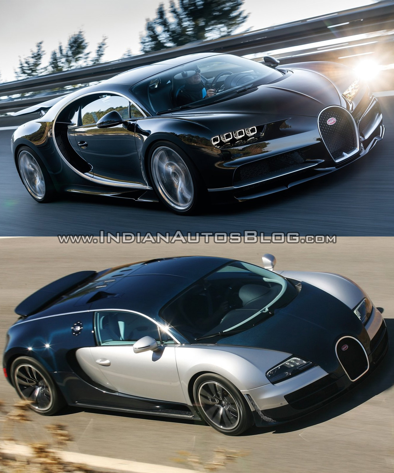 Bugatti Chiron vs. Bugatti Veyron front three quarters in motion