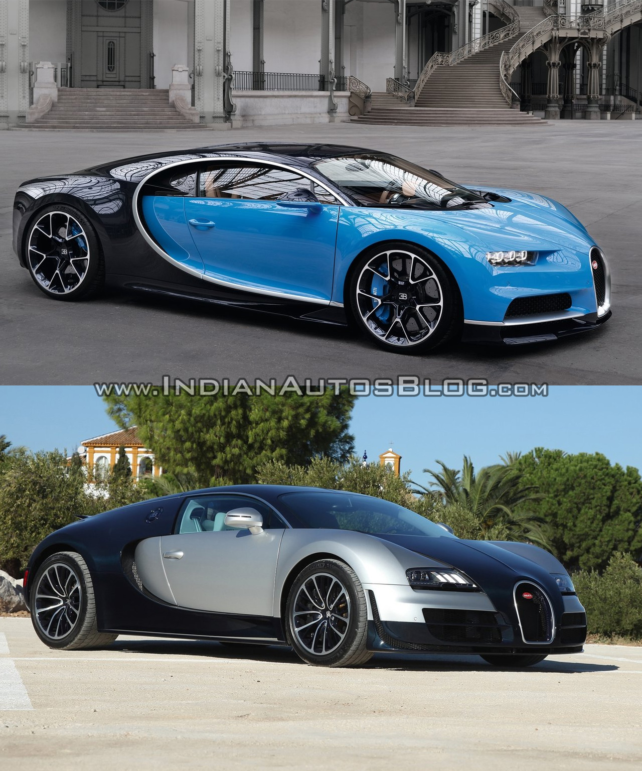 Bugatti Chiron vs. Bugatti Veyron front three quarters right side