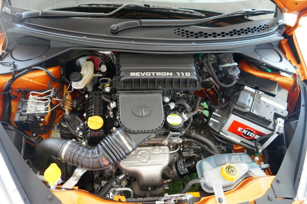 Tata Tiago engine bay] on display at a Goan dealership