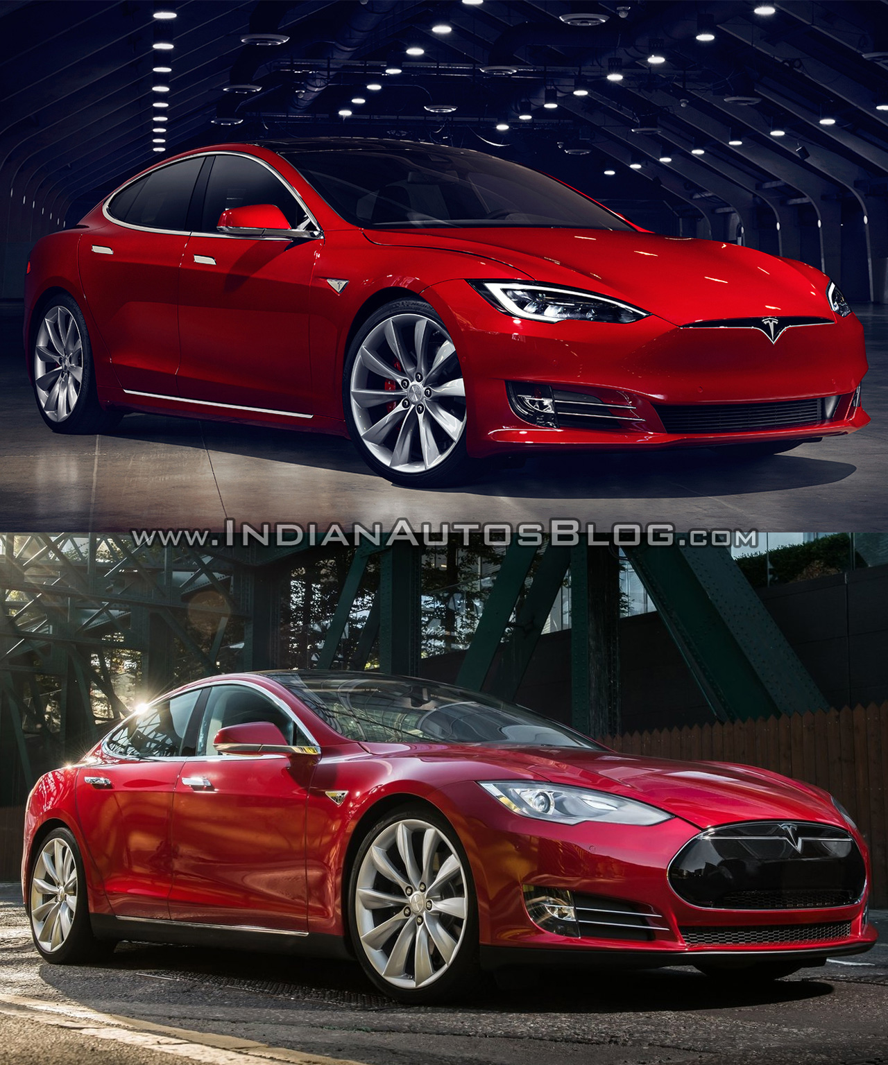 Tesla Model S old vs. new front three quarters