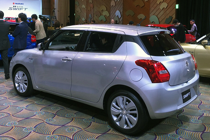 2017 Suzuki Swift silver rear three quarters launch event