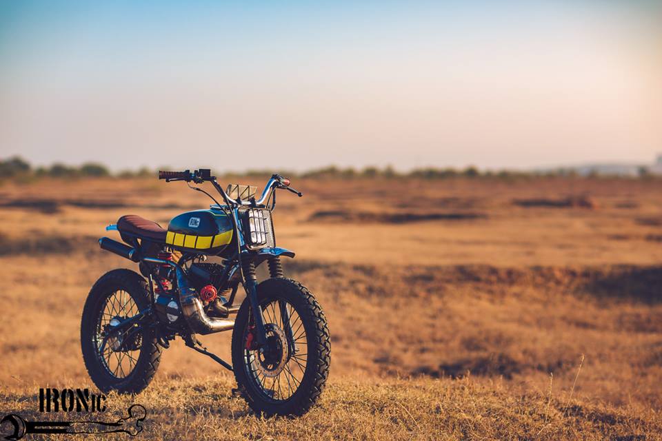 Yamaha RX100 Baby Blue by Ironic Engineering front three quarter