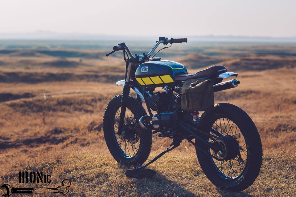 Yamaha RX100 Baby Blue by Ironic Engineering rear three quarter
