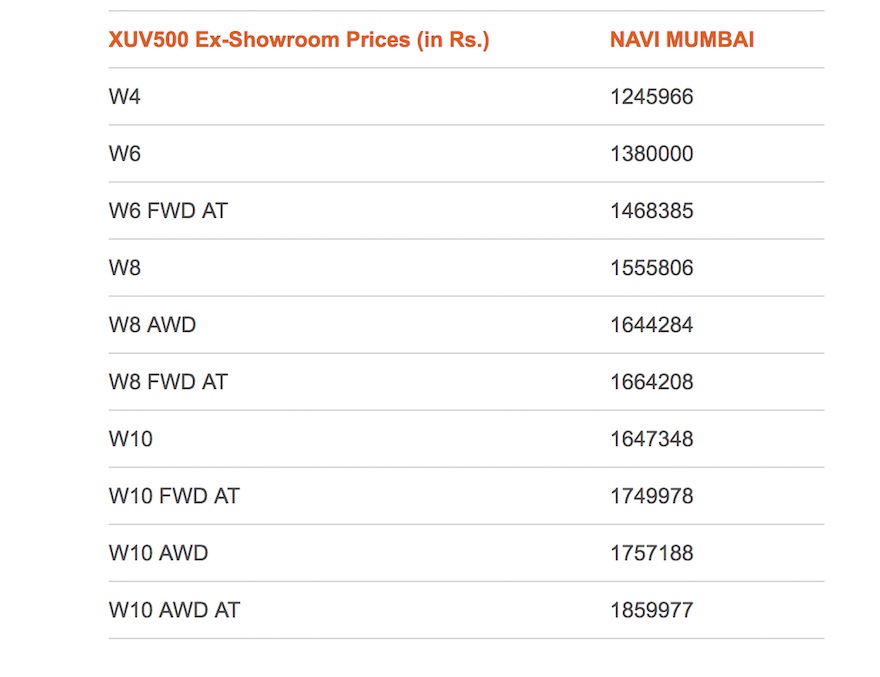 mahindra xuv price list