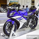 Yamaha R15 V2 Revving Blue front quarter at Auto Expo 2016