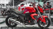 Mahindra Mojo accessories matte red side at Auto Expo 2016