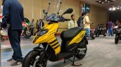 Aprilia Storm Yellow with accessories front left quarter at 2018 Auto Expo