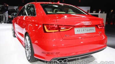 Audi A3 sedan rear three quarters at Auto Expo 2014