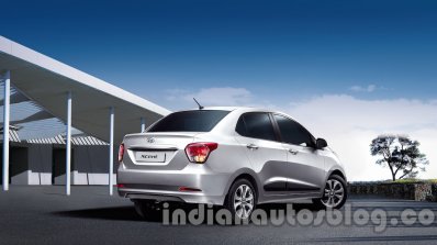 Hyundai Xcent rear three quarters official image