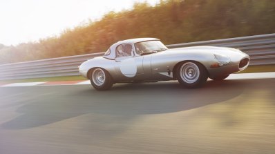 Lightweight Jaguar E-Type press image front three quarter on track