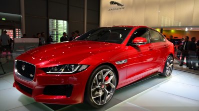 Jaguar XE S front three quarters at the 2014 Paris Motor Show