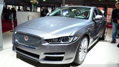 Jaguar XE front three quarters left at the 2014 Paris Motor Show