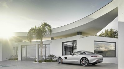 Mercedes AMG GT press image silver rear three quarter