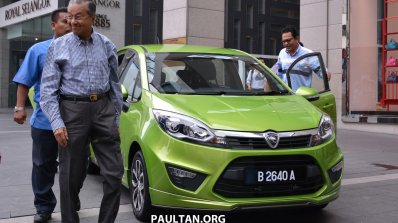 Proton Iriz driven by Dr. Mahathir Mohamad front three quarter