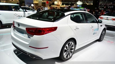 Kia Optima T-Hybrid rear there quarter at the 2014 Paris Motor Show