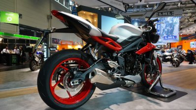Triumph Street Triple RX rear three quarters right at the INTERMOT 2014