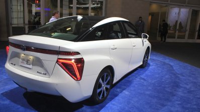 Toyota Mirai rear three quarters left at the 2014 Los Angeles Auto Show