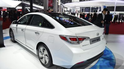 Hyundai Sonata Hybrid rear three quarter at Auto Shanghai 2015