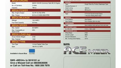 Tata Ace Mega spec sheet press image