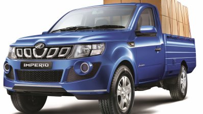 Mahindra Imperio Single Cab blue loaded front quarter