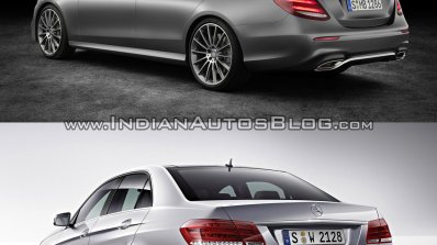Mercedes E Class (W213) vs Mercedes E Class (W212) rear three quarter Old vs New
