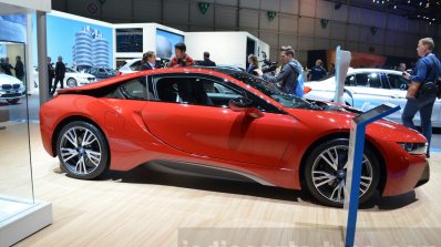 BMW i8 Protonic Red Edition side at the 2016 Geneva Motor Show Live