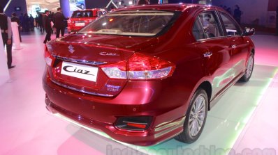 Maruti Ciaz accessorized rear three quarters right at Auto Expo 2016