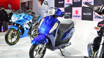 New Suzuki Access 125 Blue front three quarters at Auto Expo 2016