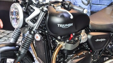 Triumph Bonneville Street Twin Matt Black fuel tank at Auto Expo 2016