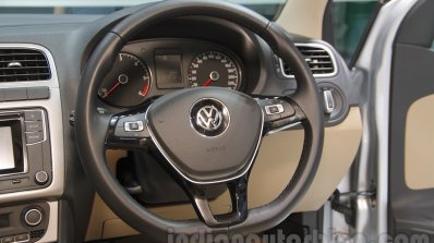VW Ameo steering wheel detail at Auto Expo 2016