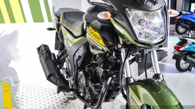 Yamaha SZ-RR V2.0 Matt Green exhaust at Auto Expo 2016