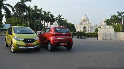 Datsun redi-GO lime green and ruby red front Review