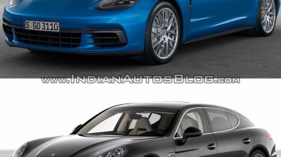 2017 Porsche Panamera vs. 2014 Porsche Panamera front three quarters studio image