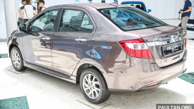 Perodua Bezza sedan rear three quarter launched for sale in Malaysia