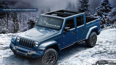 2018 Jeep Wrangler-based pickup blue front three quarters roof opened rendering