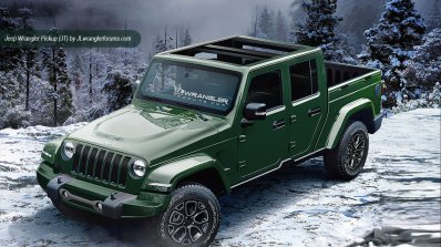 2018 Jeep Wrangler-based pickup green front three quarters rendering
