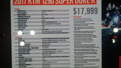 KTM 1290 Super Duke R spec sheet at New York IMS