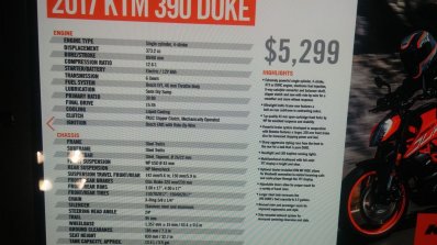 KTM Duke 390 spec sheet at New York IMS live
