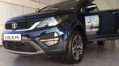 Tata Hexa headlamp grille at a Gujarati dealership