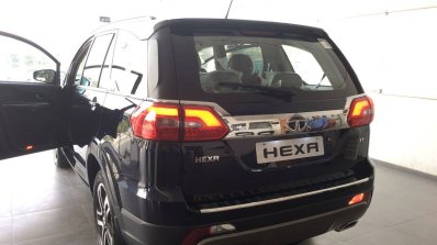Tata Hexa rear quarter at a Gujarati dealership