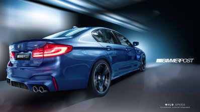 2018 BMW M5 without M mirrors and carbon-fibre roof rear three quarters rendering