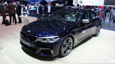 2017 BMW M550i front three quarter at the 2017 Geneva Motor Show Live