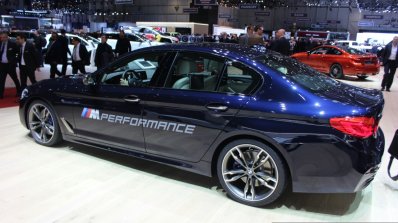 2017 BMW M550i rear three quarter at the 2017 Geneva Motor Show Live