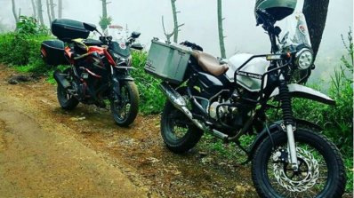 Bajaj Pulsar modified as Royal Enfield Himalayan front three quarter view