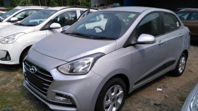 2017 Hyundai Xcent SX (facelift) front three quarter snapped at a stockyard