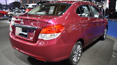 Mitsubishi Attrage rear three quarters at 2017 Bangkok International Motor Show