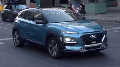 Hyundai Kona SUV blue spied front three quarter during TVC shoot in Spain